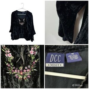 Vintage Y2K Size m Velvet Bell Sleeve Top Whimsy Goth Fairy Core Embroidered
